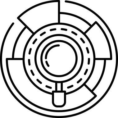 Ortasında büyüteç olan bir dairenin siyah beyaz görüntüsü. Merak ve keşif kavramı, büyüteç etrafımızdaki dünyayı inceleme ve anlama arzusunu ortaya koyuyor.