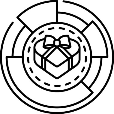 Üzerinde yay olan siyah beyaz bir kalp resmi. Kalp bir çemberle çevrilidir ve onu labirent gibi gösteren çizgiler vardır. Hediye ya da sürpriz kavramı