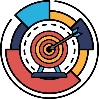 Hedefi gösteren kırmızı bir okla renkli bir daire. Çember farklı renkli bölümlere bölünmüştür ve hedef merkezde yer almaktadır. Odaklanma ve kararlılık kavramı