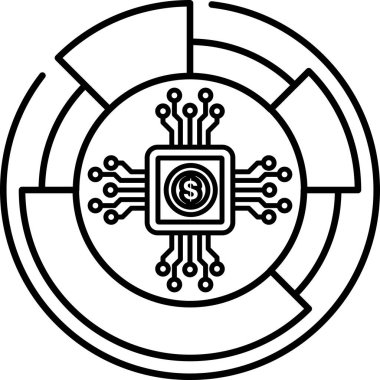 Üzerinde dolar işareti olan bir bilgisayar çipinin siyah beyaz görüntüsü. Görüntü dairesel ve labirent gibi bir tasarımı var. Dolar işareti kablolar ve devrelerden oluşan bir ağ ile çevrilidir.