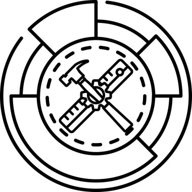 Çekiç ve cetvelli siyah beyaz bir logo. Logo dairesel ve spiral bir tasarımı var. Logo, inşaat işlerinde hassasiyet ve doğruluk fikrini temsil ediyor.