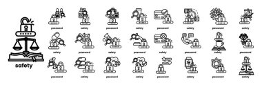Çeşitli güvenlik önlemleri için bir ikon koleksiyonu. Simgeler arasında bir kilit, bir anahtar, bir asma kilit, bir bilgisayar, bir kitap, bir insan ve bir tartı var.