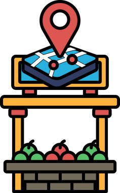 Üzerinde harita olan bir tabela ve ortasında kırmızı bir nokta. Tabela bir sepet elmayla birlikte bir masanın üzerinde.