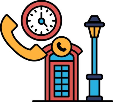 Duvarında saat ve arka planında lamba direği olan kırmızı bir telefon kulübesi. Saat 10: 30 'u gösteriyor.