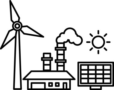 Bir fabrika ve güneş panelinin yanında bir yel değirmeni gösteriliyor. Yenilenebilir enerji kavramı ve sürdürülebilir uygulamaların önemi