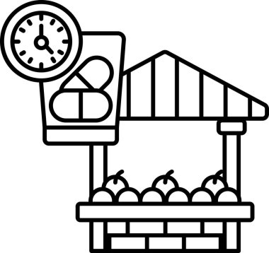 Duvarında saat olan bir meyve standının siyah beyaz çizimi. Saat 10: 00 'u gösteriyor.