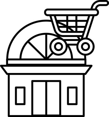 Binanın tepesindeki alışveriş arabasının siyah beyaz çizimi. Araba bir daire ile çevrili ve tepesinde bir tekerleği var. Bina geniş pencereli bir mağazadır.