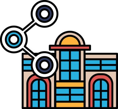 Mavi ve kırmızı çatılı, mavi ve beyaz pencereli bir bina. Bina üç daire ile çevrili.