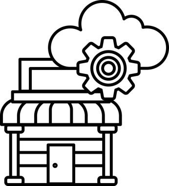 Üzerinde bulut ve teçhizat olan bir binanın siyah beyaz çizimi. Bina bir mağaza ve bulut ve teçhizat teknoloji ve yeniliği temsil ediyor.