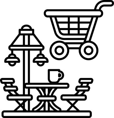 Bir alışveriş arabasının siyah beyaz çizimi ve üzerinde fincan olan bir masa. Alışveriş arabası havada ve masa da yerde.