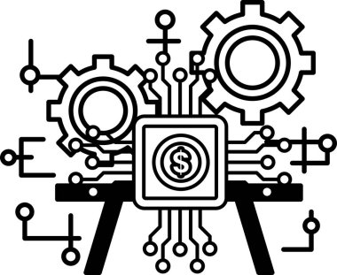 Siyah beyaz bir vites çizimi ve bir dolar işareti. Dişlilerin hepsi farklı boyutlarda ve birbirlerine bağlılar.