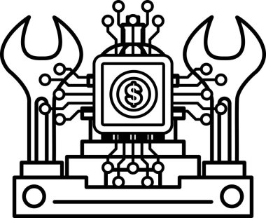 Üzerinde dolar işareti olan bir makinenin siyah beyaz çizimi. Makine kablolarla çevrili ve üzerinde büyük bir anahtar var.