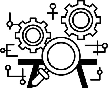 Siyah beyaz bir vites ve büyüteç çizimi. Viteslerin hepsi farklı boyutlarda ve daire şeklinde dizilmiş. Büyüteç dairenin ortasına yerleştirilir.