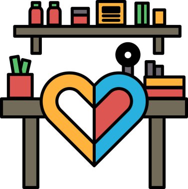 Bir kalp, üzerinde çeşitli eşyalar bulunan bir masanın üzerine çizilir. Kalp bir renk gökkuşağı ile çevrilidir ve masadaki eşyalar arasında bir kitap, bir şişe, bir bardak ve bir kalem vardır.