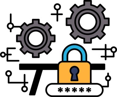 Bir kilit ve bir anahtar çizimi. Etrafını saran bir dizi dişli var. Dişliler farklı boyutlarda ve birbirlerine kenetlenmiş gibi görünüyorlar. Güvenlik ve koruma kavramı