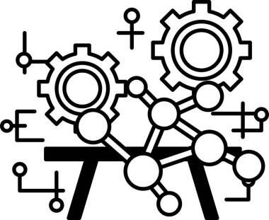 Dişlilerin siyah beyaz çizimi ve bir masa. Vitesler birbirine ve masaya bağlıdır. Makine ve teknoloji kavramı