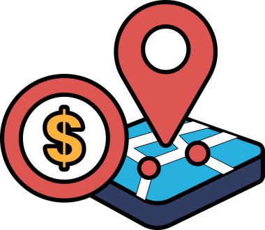 Ortasında dolar işareti olan bir harita. Dolar işareti kırmızı ve beyaz.