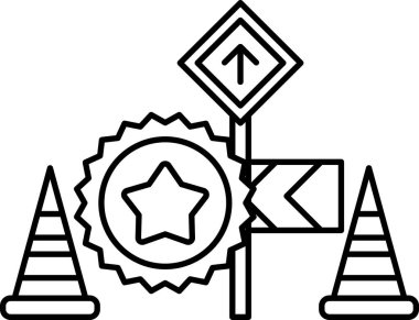 Bir yıldızın siyah beyaz çizimi ve yukarı bakan kırmızı oklu bir trafik işareti. Çizimde bir trafik konisi ve bir bayrak da yer alıyor. Trafik işareti olarak dikkat ve güvenlik kavramı