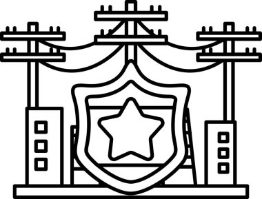 Üzerinde yıldız olan bir polis rozetinin siyah beyaz çizimi. Rozet, arka planda binalar ve elektrik hatlarıyla çevrili bir şehirle çevrili. Çizim bir otorite hissi veriyor.