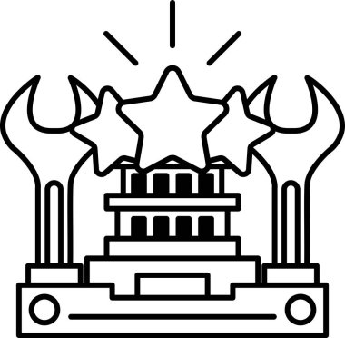 Üç yıldızlı ve ingiliz anahtarlı bir binanın siyah beyaz çizimi. İngiliz anahtarı yukarı bakıyor ve yıldızlar parıl parıl parlıyor. Çizim bir başarı ve başarı hissi veriyor.