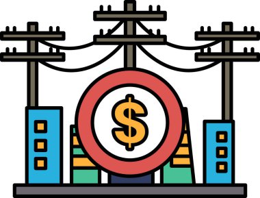 Ortasında dolar işareti olan kırmızı daireli bir şehrin karikatür çizimi. Şehir yüksek binalar ve elektrik hatlarıyla gösteriliyor. Çizimin neşeli ve neşeli bir havası var.