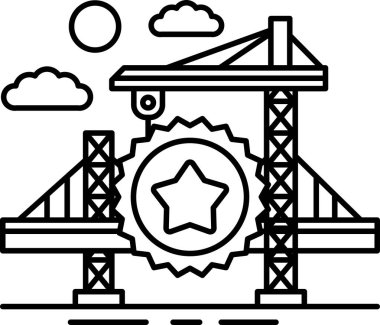 Üzerinde yıldız olan bir köprünün siyah beyaz çizimi. Yıldız bir daire ile çevrilidir ve köprü arka plandadır. Çizim bir başarı hissi veriyor.