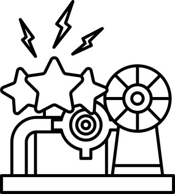 Üzerinde yıldız ve yıldırım olan bir makinenin siyah beyaz çizimi. Bu çizim enerji üretmek için kullanılan bir makinedir.