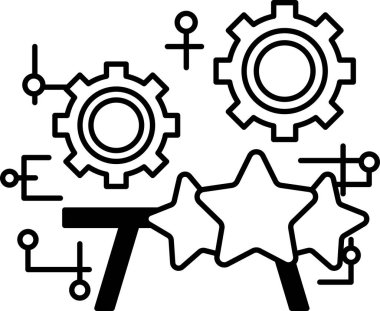 Dişlilerin ve yıldızların siyah beyaz çizimi. Dişliler öyle bir şekilde dizilmiştir ki sanki dönüyormuş gibi görünürler ve yıldızlar onların etrafına saçılmıştır. Sahne yenilikler ve ilerlemelerden biridir.