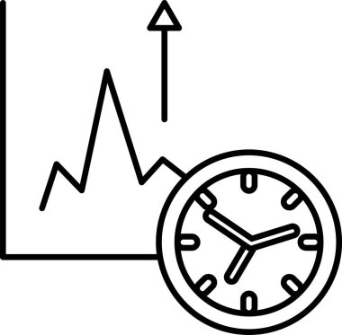 Çizgisi yükselen bir grafik ve elleri 3 ve 9 numaraların üzerinde olan bir saat. Grafik bir eğilim ya da büyüme gösterirken, saat zamanın geçişini sembolize ediyor.