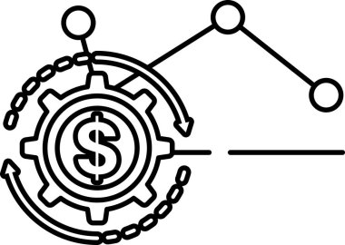 Üzerinde dolar işareti olan siyah beyaz bir vites. Dolar işareti oklarla çevrili ve teçhizat bir zincire bağlı. Para kavramı ve finansal sistem kavramı