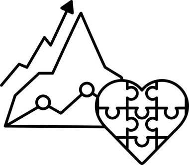 Arka planda dağ grafiği olan bir yapboz parçası. Yapboz parçasının kalbi güzel bir şey yaratmak için parçaları bir araya getirme fikrini temsil ediyor.