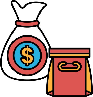 Üzerinde mavi dolar işareti olan kırmızı ve beyaz bir çanta kırmızı bir kutunun yanına yerleştirilir. Para çantası birkaç banknot ve para da dahil olmak üzere çeşitli banknotlar ve paralarla dolu.