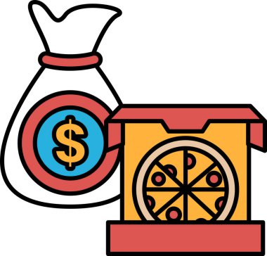 Bir çanta para ve bir pizza kutusu. Para çantası 100 dolar değerinde. Pizza kutusu sarı ve kırmızı.
