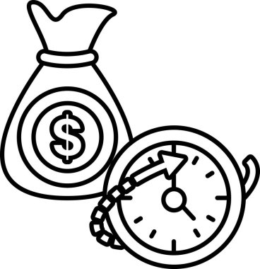 Bir dolarlık banknot ve bir saatin siyah beyaz çizimi. Dolar banknotu saatin sol tarafında ve saat de dolar banknotunun sağ tarafında.