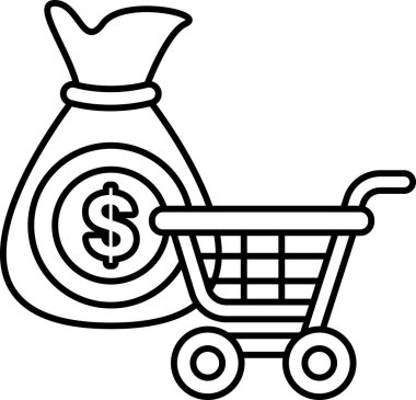 20 dolarlık banknot ve çantasında 100 dolarlık banknot olan bir alışveriş arabasının siyah beyaz görüntüsü.