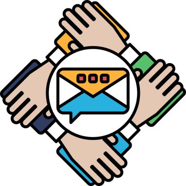 Bir grup insan el ele tutuşuyor ve ortada büyük bir zarf var. Zarfta 