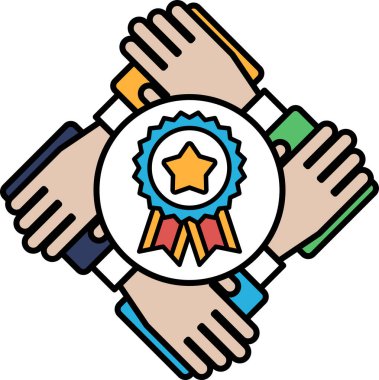 Mavi ve kırmızı bir yıldızın etrafında el ele tutuşan bir grup insan. Birlik ve takım çalışması kavramı