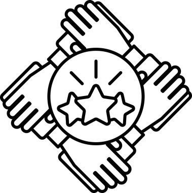 Ortada bir yıldızla el ele tutuşan dört elin siyah beyaz çizimi. Çizim bir birlik ve takım çalışması hissi veriyor.