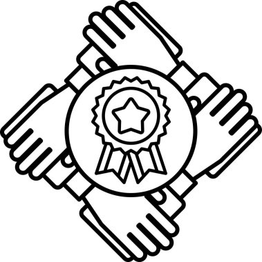 Bir yıldız ve kurdele tutan dört elin siyah beyaz çizimi. Çizim, takım çalışması ve işbirliği fikrini aktarıyor.