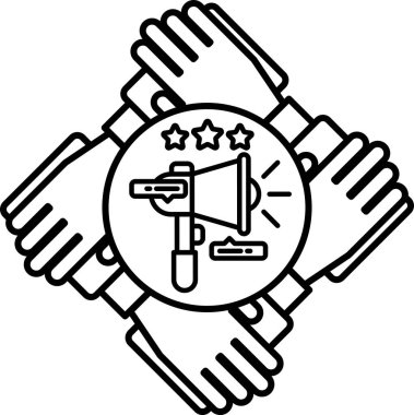 Üzerinde yıldız olan bir mikrofonu tutan dört elin siyah beyaz görüntüsü. Birlik ve işbirliği kavramı, eller birlikte çalışarak bir şeyler yaratıyor.