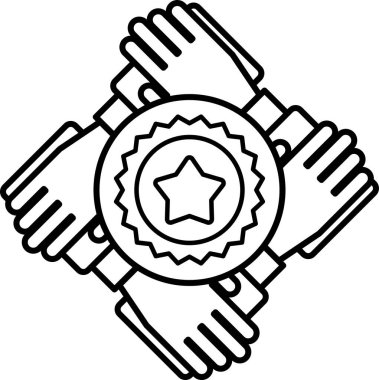 Bir yıldızı tutan dört elin siyah beyaz çizimi. Çizim, birlik ve takım çalışması fikrini aktarıyor.
