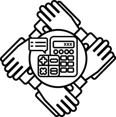 Hesap makinesi tutan bir grup el. Hesap makinesinde 1 'den 9' a kadar sayılar var.