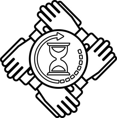 Elleri 1 ve 2 rakamlarını gösteren bir saati tutan dört elin siyah ve beyaz görüntüsü.