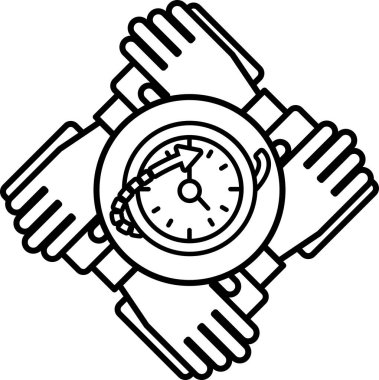 Saat tutan dört elin siyah beyaz çizimi. Saat 12 'ye ayarlandı.