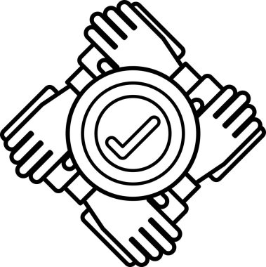 Üzerinde işaret olan bir daireyi tutan dört elin siyah beyaz görüntüsü. Birlik ve işbirliği kavramı