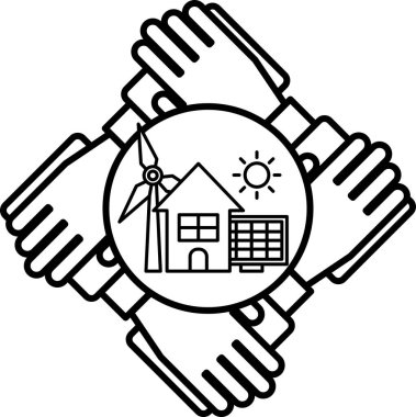 İçinde ev ve yel değirmeni olan bir çember tutan dört elin siyah beyaz çizimi.