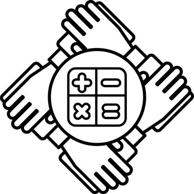 Üzerinde 2 ve 3 rakamları olan bir hesap makinesini tutan dört elin siyah beyaz çizimi.