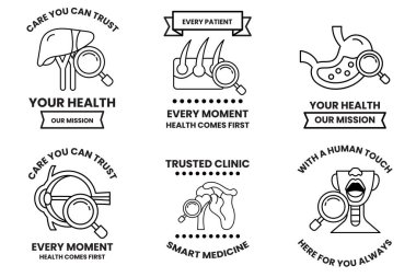 Ortasında büyüteç olan bir dizi sağlık kartı.
