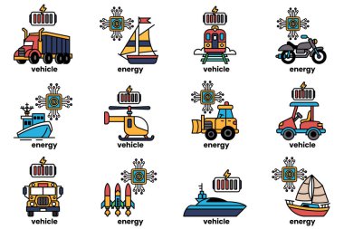 Araçlar ve enerji kaynaklarının bir dizi karikatür görüntüsü