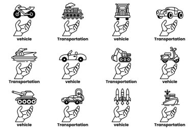 Bir el araçların ve ulaşım araçlarının bir koleksiyonunu tutuyor. Görüntüler arasında arabalar, kamyonlar, motosikletler, botlar ve uçaklar yer alıyor